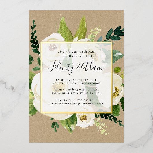 Alabaster Floral Engagement Party Gold Folie Uitnodiging (Voorkant)