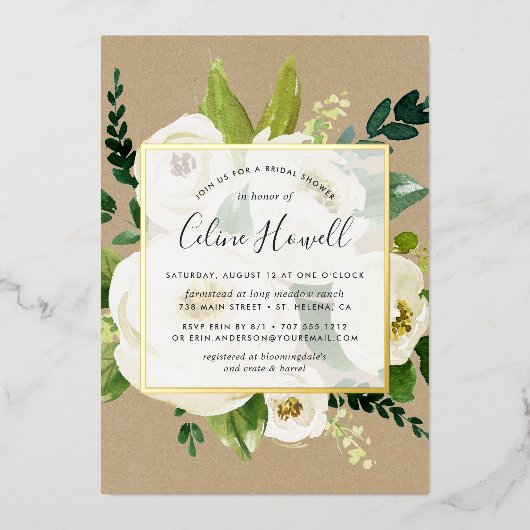 Alabaster Floral Kraft Vrijgezellenfeest Gold Folie Uitnodiging (Voorkant)