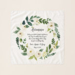 Alabaster Floral Krans Bloemenmeisje Gedicht Sjaal<br><div class="desc">Geef je bloemenmeisje een cadeau met deze schattige chiffon sjaal met haar naam, je namen en een vertederend gedicht omringd door een botanische krans van groen waterverf gebladerte en witte waterverf die overeenkomen met onze Alabaster bloemensuite. Het gedicht luidt: "Vandaag heb je een mand bloemen, op een dag zal het...</div>