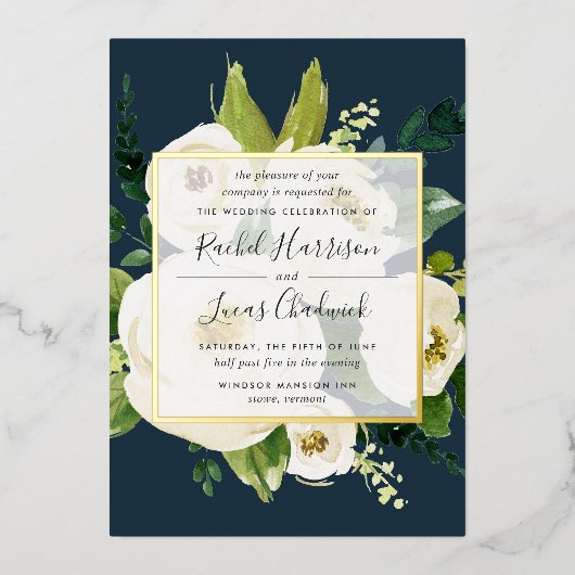 Alabaster Floral Wedding Gold Foil Uitnodiging (Voorkant)