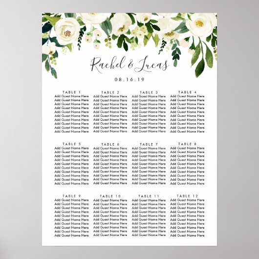 Alabaster Floral Wedding Seating Chart Poster (Voorkant)