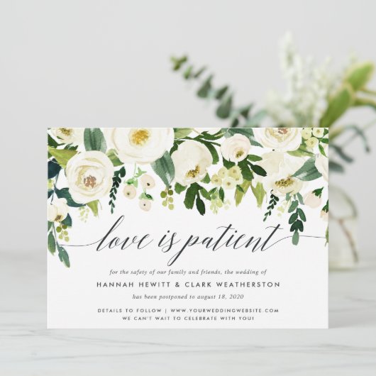 Alabaster Floral Wedding Uitstel Aankondiging (Staand voorkant)