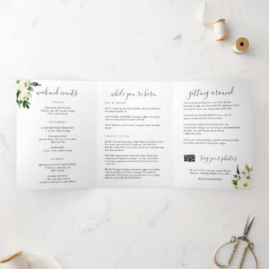 Alabaster Floral Wedding Welcome Letter Itinerary Drieluik Programma (Binnen)