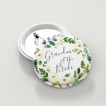 Alabaster Floral Wreath Grandma van de Bride Ronde Button 5,7 Cm<br><div class="desc">Identificeer de hoofdrolspelers op je vrijgezellenfeest met onze elegante,  liefdevolle glazen florale knoppen. Button is voorzien van een groene en witte waterverf florale kreet met de inscriptie "oma van de bruid" in het handschrift met letters.</div>