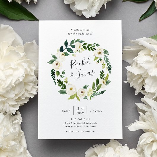 Alabaster Floral Wreath Wedding Invitation Kaart