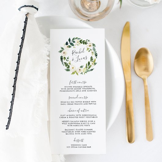 Alabaster Floral Wreath Wedding Menu Kaart