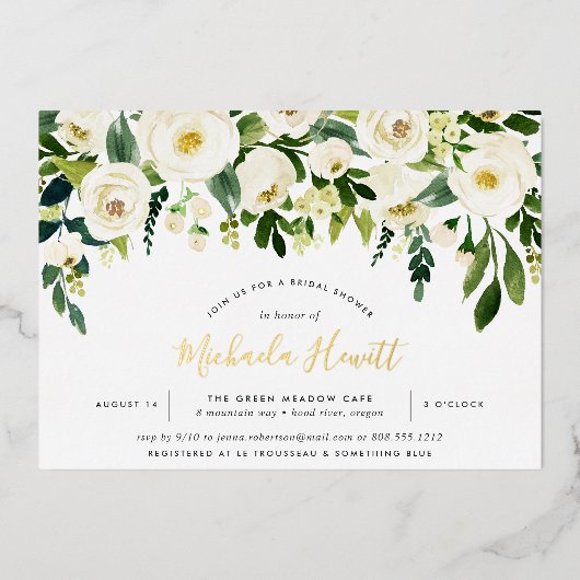 Alabaster Green & White Floral Vrijgezellenfeest Folie Uitnodiging (Voorkant)