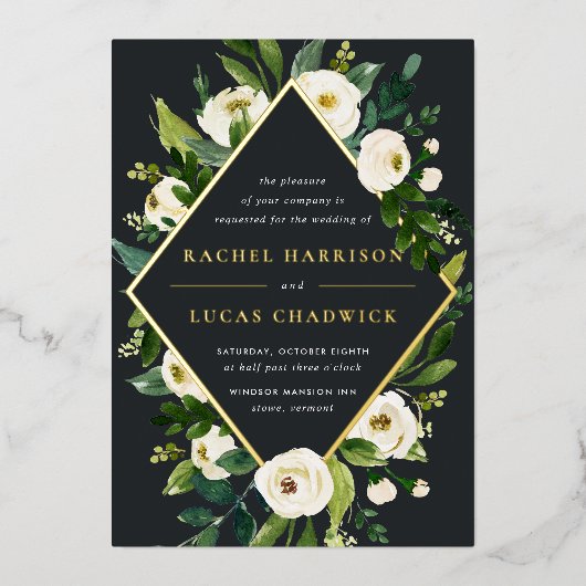 Alabaster | Lijst van groene en witte Floral Folie Uitnodiging (Voorkant)