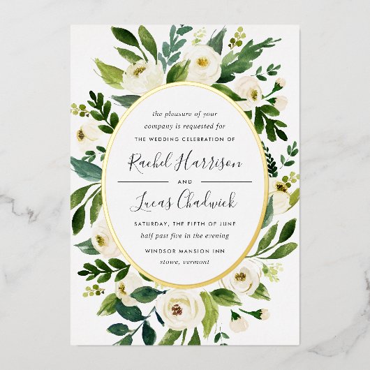 Alabaster | Lijst van groene en witte Floral Folie Uitnodiging (Voorkant)