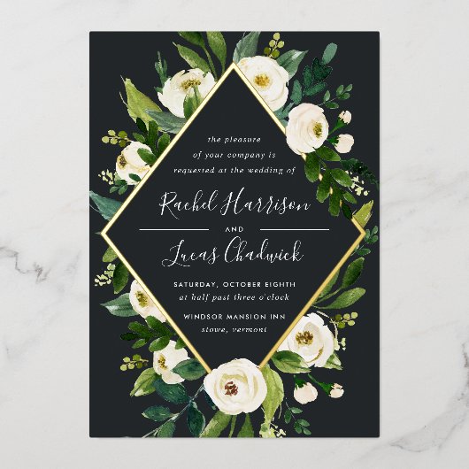 Alabaster | Lijst van groene en witte Floral Folie Uitnodiging (Voorkant)