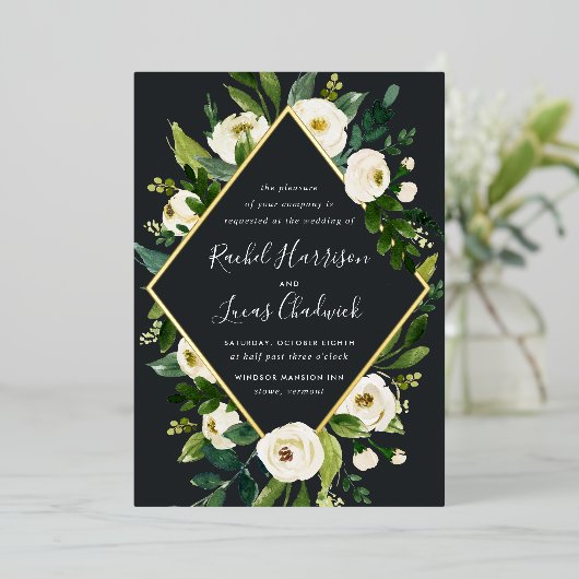 Alabaster | Lijst van groene en witte Floral Folie Uitnodiging (Staand Voorkant)