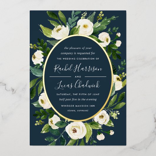 Alabaster | Lijst van groene en witte Floral Folie Uitnodiging (Voorkant)