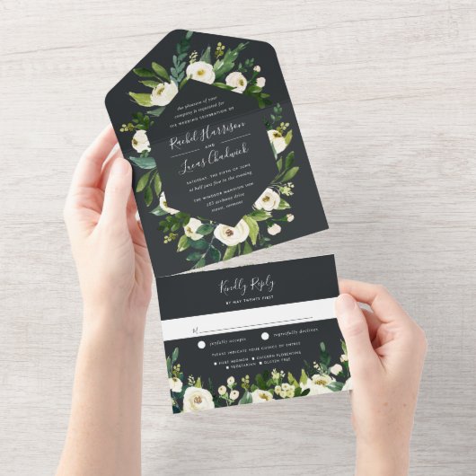 Alabaster | Lijst van witte Floral All In One Uitnodiging (Afscheurbaar)