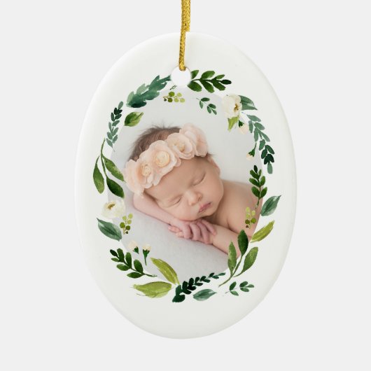 Alabaster Wreate Eerste Kerstfoto Keramisch Ornament (Voorkant)