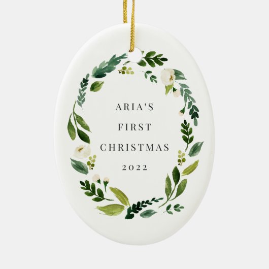 Alabaster Wreate Eerste Kerstfoto Keramisch Ornament (Achterkant)