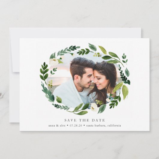 Alabaster Wreatfoto Save the Date Card (Voorkant)