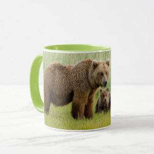 Alaska bruine beer met welpen in een weide mok