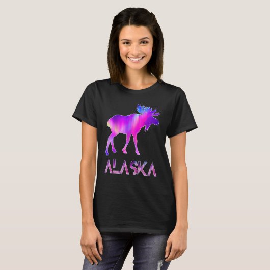 Alaska Day Moose Aurora Borealis bij nacht T-shirt (Voorkant volledig)