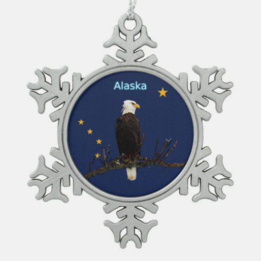 Alaska Eagle en Flag Tin Sneeuwvlok Ornament (Voorkant)