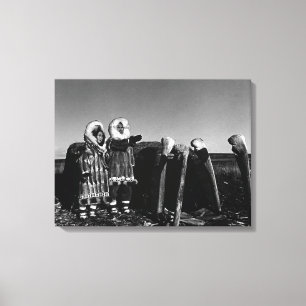 Alaska Fur clad eskimo arctic sod igloo Canvas Afdruk