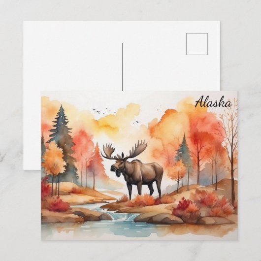 Alaska Herfst Natuur Waterverf Moose Reizen Briefkaart (Voorkant / Achterkant)