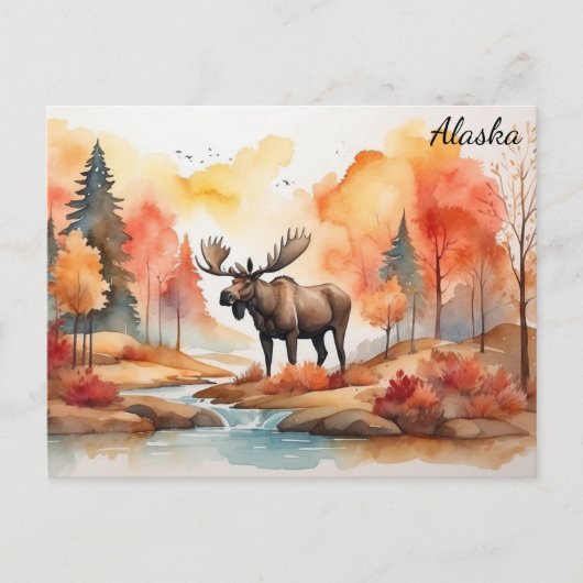 Alaska Herfst Natuur Waterverf Moose Reizen Briefkaart (Voorkant)