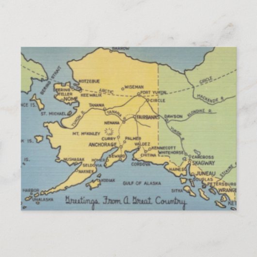  Alaska-kaart - Bering Straat, Nome, Barrow Briefkaart (Voorkant)
