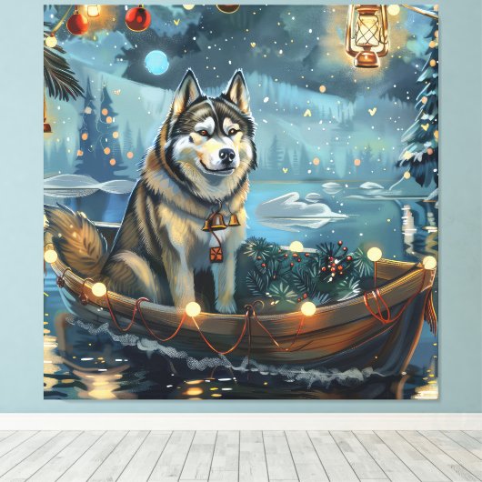 Alaska Malamute Kerst Feestelijke reis Canvas Afdruk (Insitu (Houten vloer))