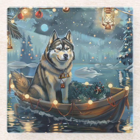 Alaska Malamute Kerst Feestelijke reis Glazen Onderzetter (Voorkant)
