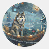 Alaska Malamute Kerst Feestelijke reis Ronde Sticker (Voorkant)
