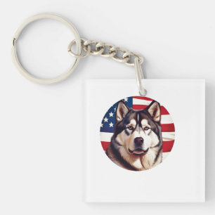 Alaska Malamute met Amerikaanse vlag achtergrond Sleutelhanger
