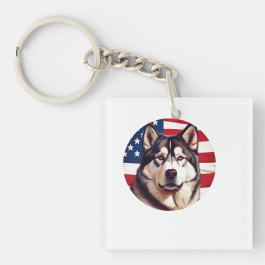Alaska Malamute met Amerikaanse vlag achtergrond Sleutelhanger (voorkant)