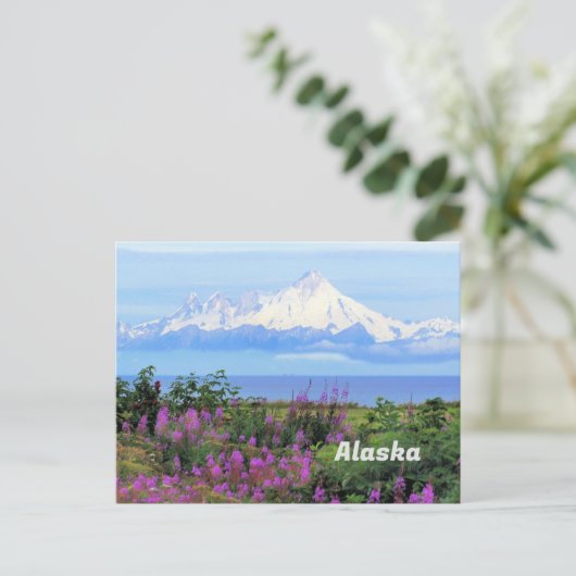 Alaska, Mount Iliamna Glacier en Fireweed Flowers Briefkaart (Staand voorkant)