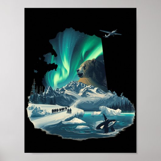 Alaska Northern Lights Grizzly Bear & Orca Poster (Voorkant)