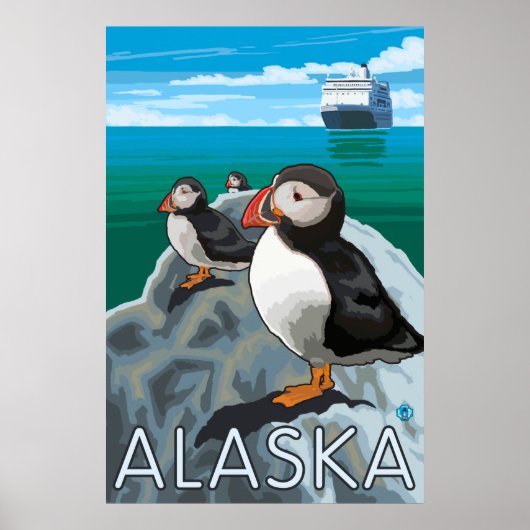 Alaska - Puffins die een cruiseschip bekijken Poster (Voorkant)