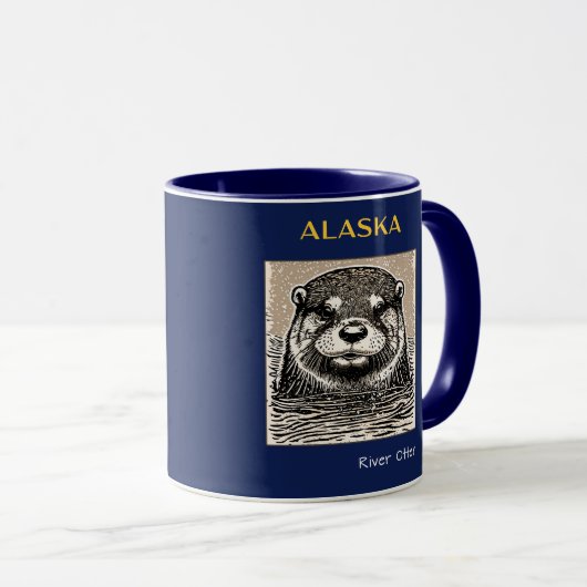 Alaska River Otter Portret Blauw en goud Mok (Voorkant rechts)