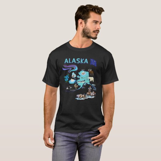 Alaska State Map Landmarks Symbols Major Cities Fl T-shirt (Voorkant volledig)
