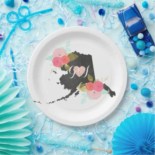 Alaska State Waterverf Floral Monogram Bruiloft Papieren Bordje (Feest)
