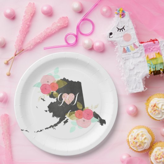 Alaska State Waterverf Floral Monogram Bruiloft Papieren Bordje (Feest)