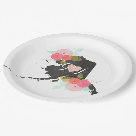 Alaska State Waterverf Floral Monogram Bruiloft Papieren Bordje (Gekanteld)