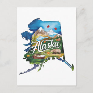 Alaska USA Staat Vorm Oude Waterverf Briefkaart