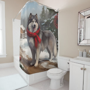 Alaskaanse Malamute hond in sneeuw Kerstmis Douchegordijn