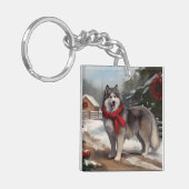 Alaskaanse Malamute hond in sneeuw Kerstmis Sleutelhanger (Voorkant Links)
