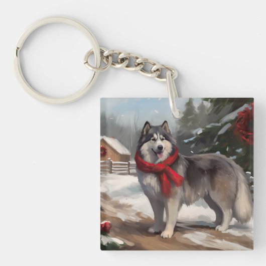 Alaskaanse Malamute hond in sneeuw Kerstmis Sleutelhanger (Voorkant)
