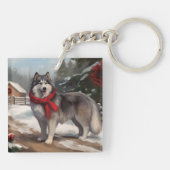 Alaskaanse Malamute hond in sneeuw Kerstmis Sleutelhanger (Achterkant)