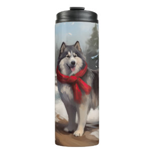 Alaskaanse Malamute hond in sneeuw Kerstmis Thermosbeker
