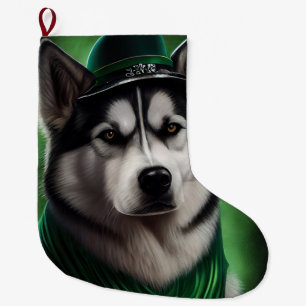 Alaskaanse Malamute hond in St. Patrick's Day jurk Grote Kerstsok