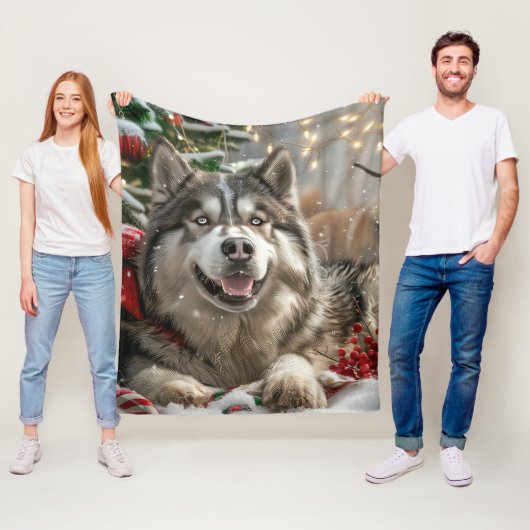 Alaskaanse Malamute Hond Kerst Misviering Fleece Deken (In situ)