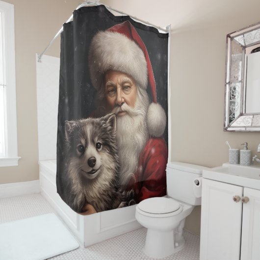 Alaskaanse Malamute met Kerstman Kerstmis Douchegordijn (In situ)