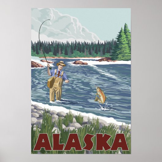 AlaskaFly Fisherman Vintage Travel Poster (Voorkant)